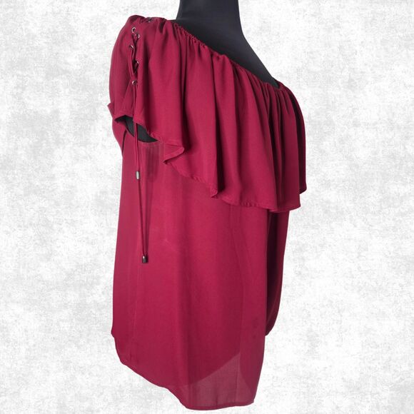 Torrid Off Shoulder Burgundy Ruffle Top Plus Size 2X Lace-Up Boho Goth Romance - Picture 2 of 8